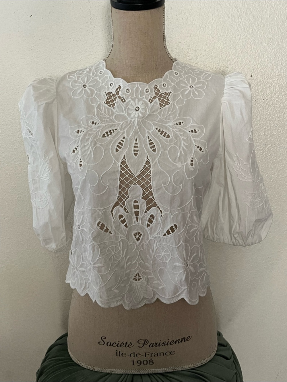 Zara White Eyelet Cutout Puff Sleeve Blouse